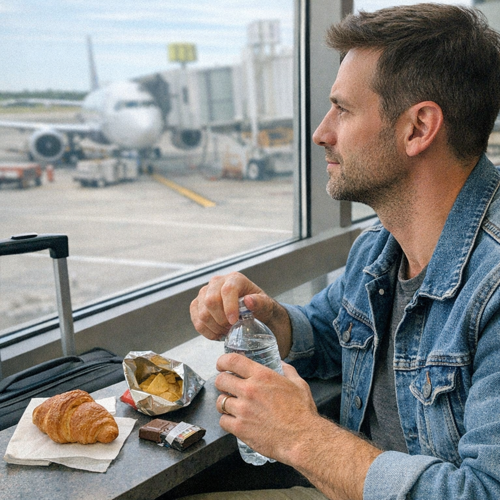 Close-up scene for airport days with a phone and a water bottle