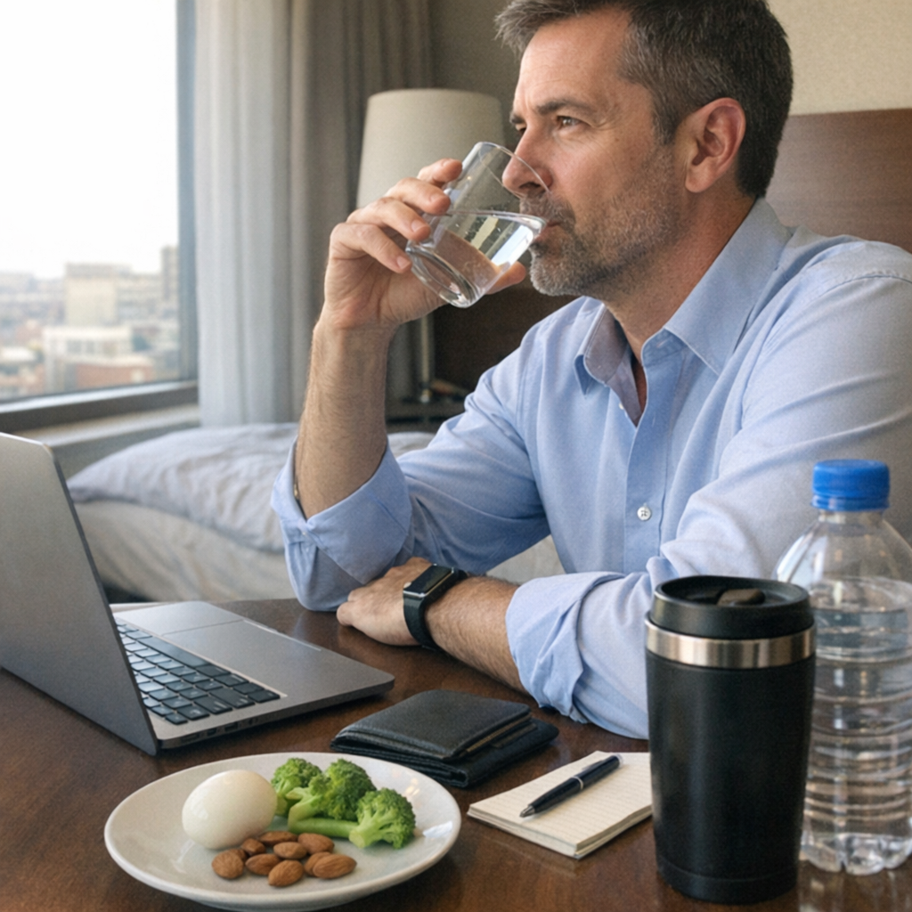Close-up scene for business travel with a phone and a water bottle