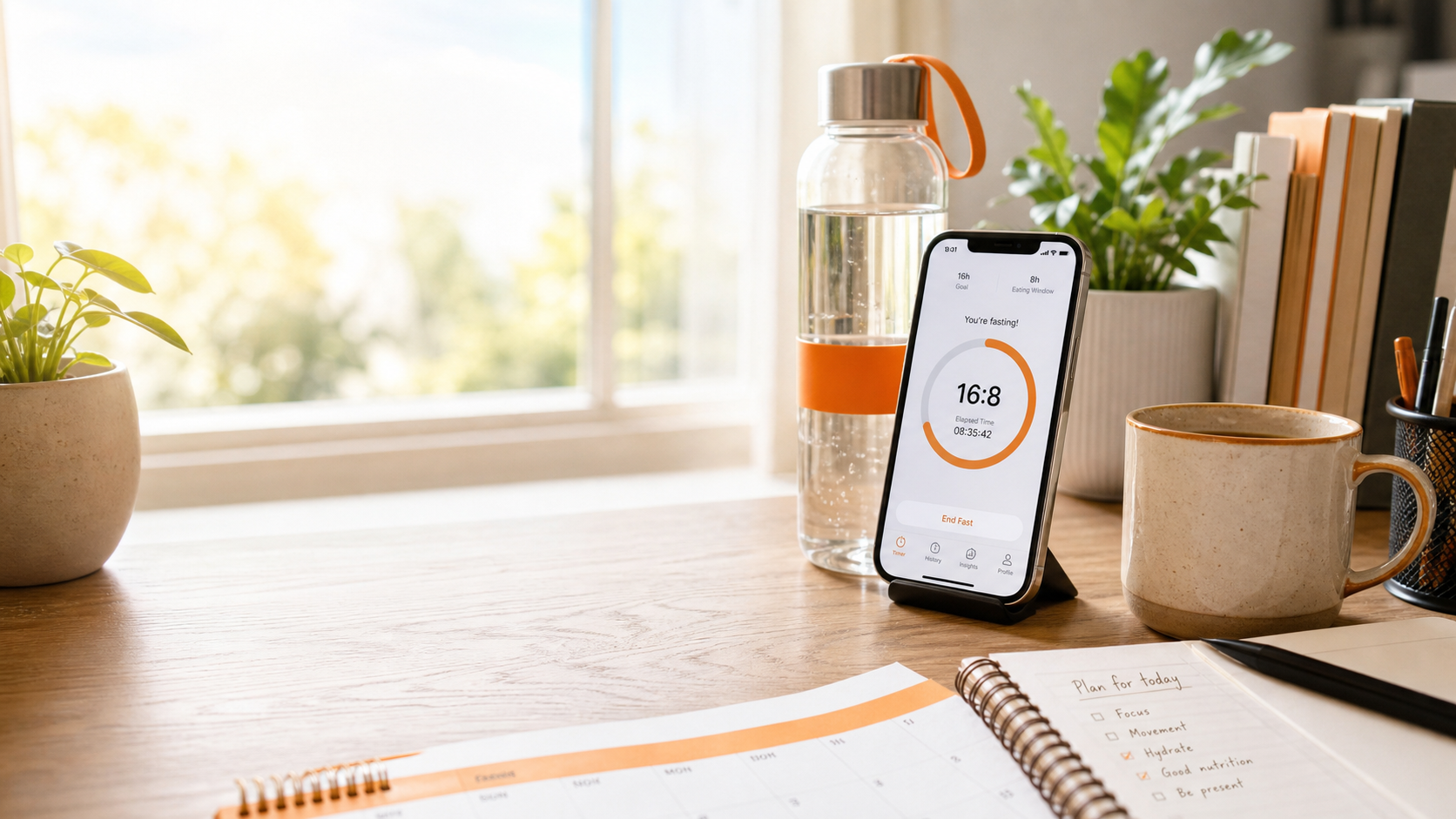 FastMinder fasting timer beside a phone, coffee mug, and grocery bags on a bright kitchen counter