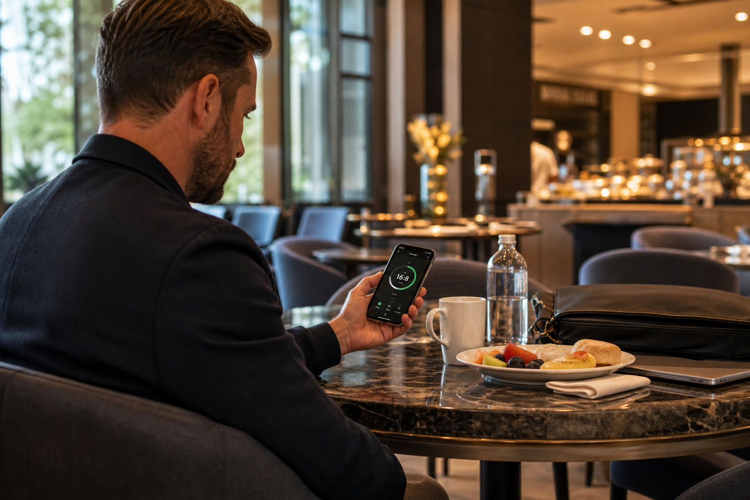 Close-up scene for busy mornings with a phone and a water bottle