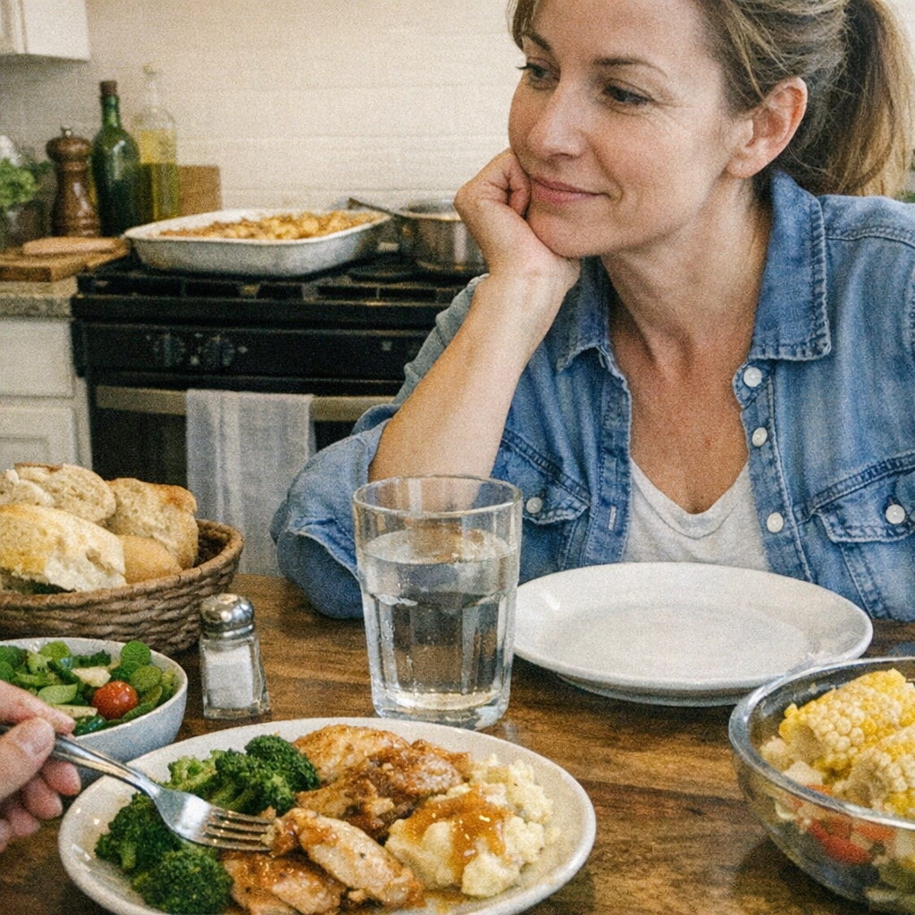 Close-up scene for family dinners with a phone and a water bottle