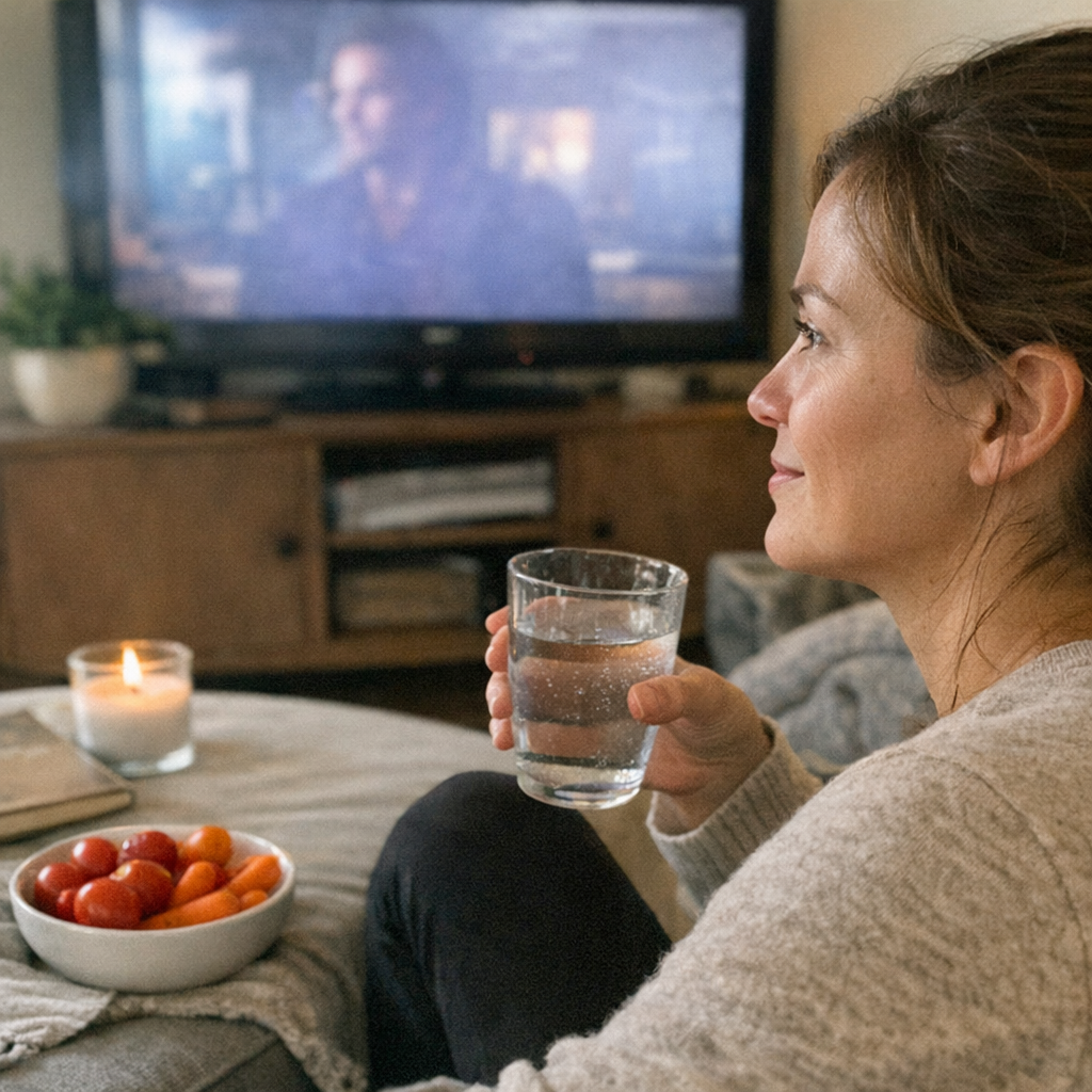 Close-up scene for movie nights with a phone and a water bottle