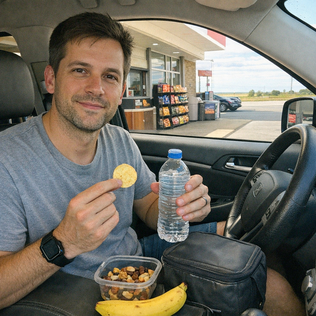 FastMinder fasting timer and a water bottle for road trips