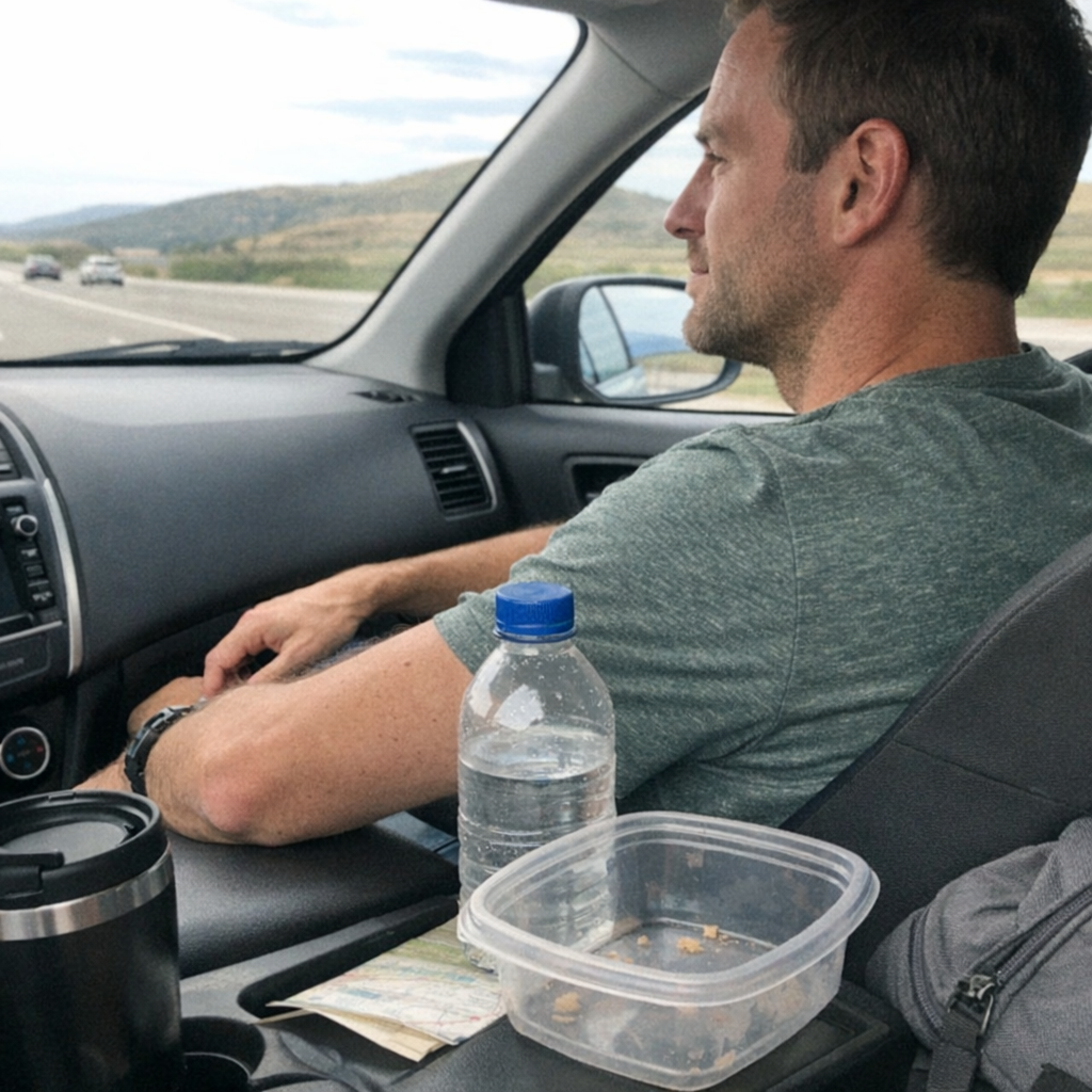 Close-up scene for road trips with a phone and a water bottle