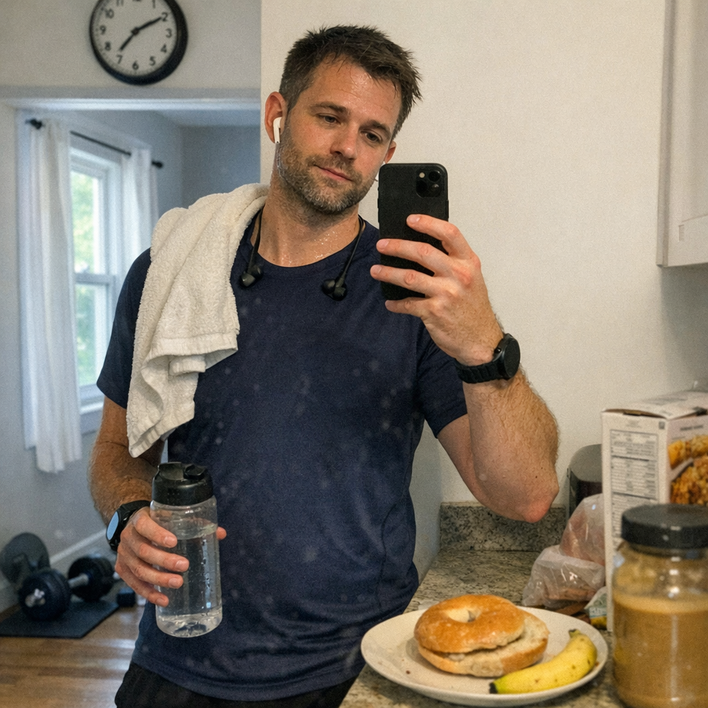 FastMinder fasting timer and a water bottle for workout mornings
